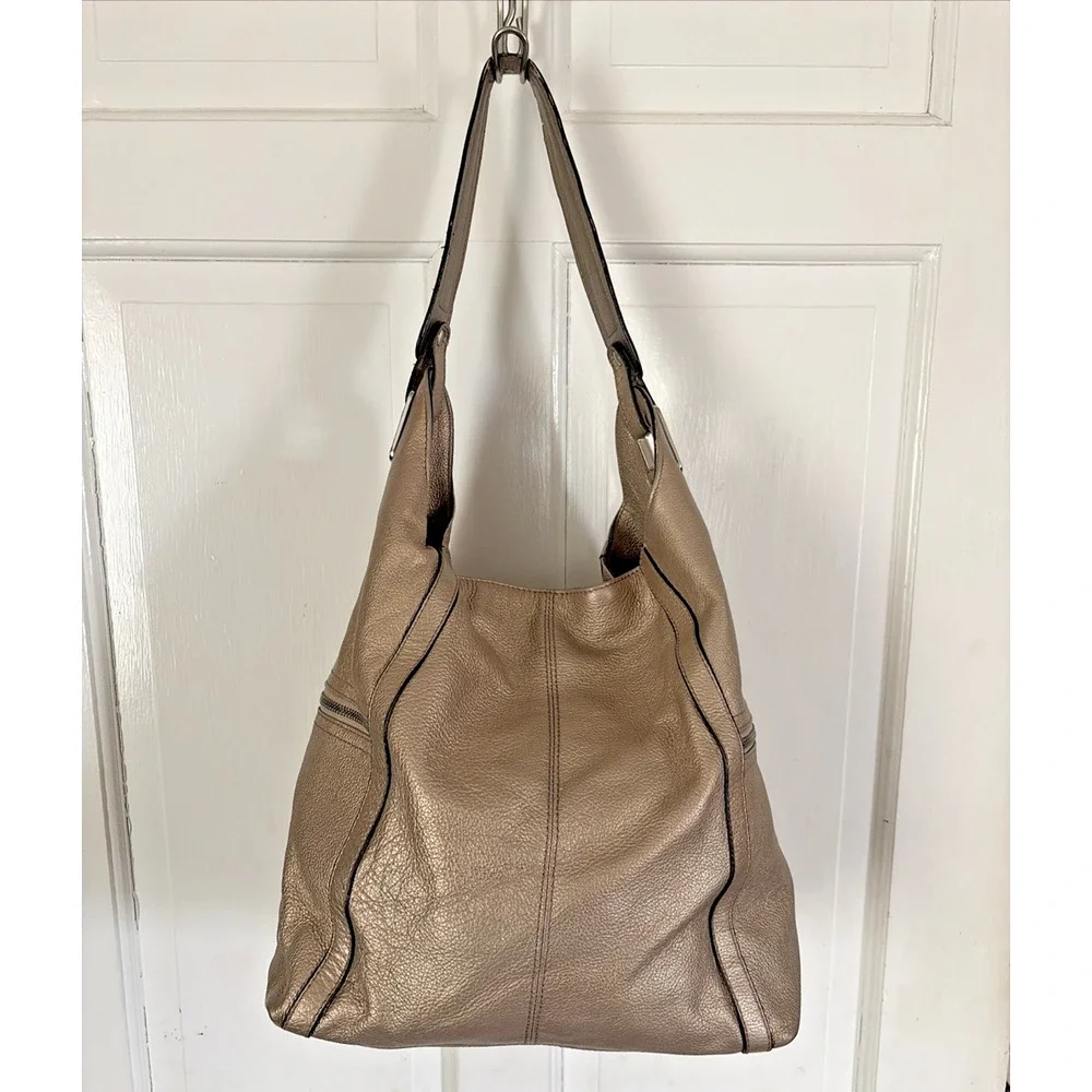 Tignanello Hobo Bag Purse Large Champagne Pebbled Leather Gold Jewel Tone Luxury